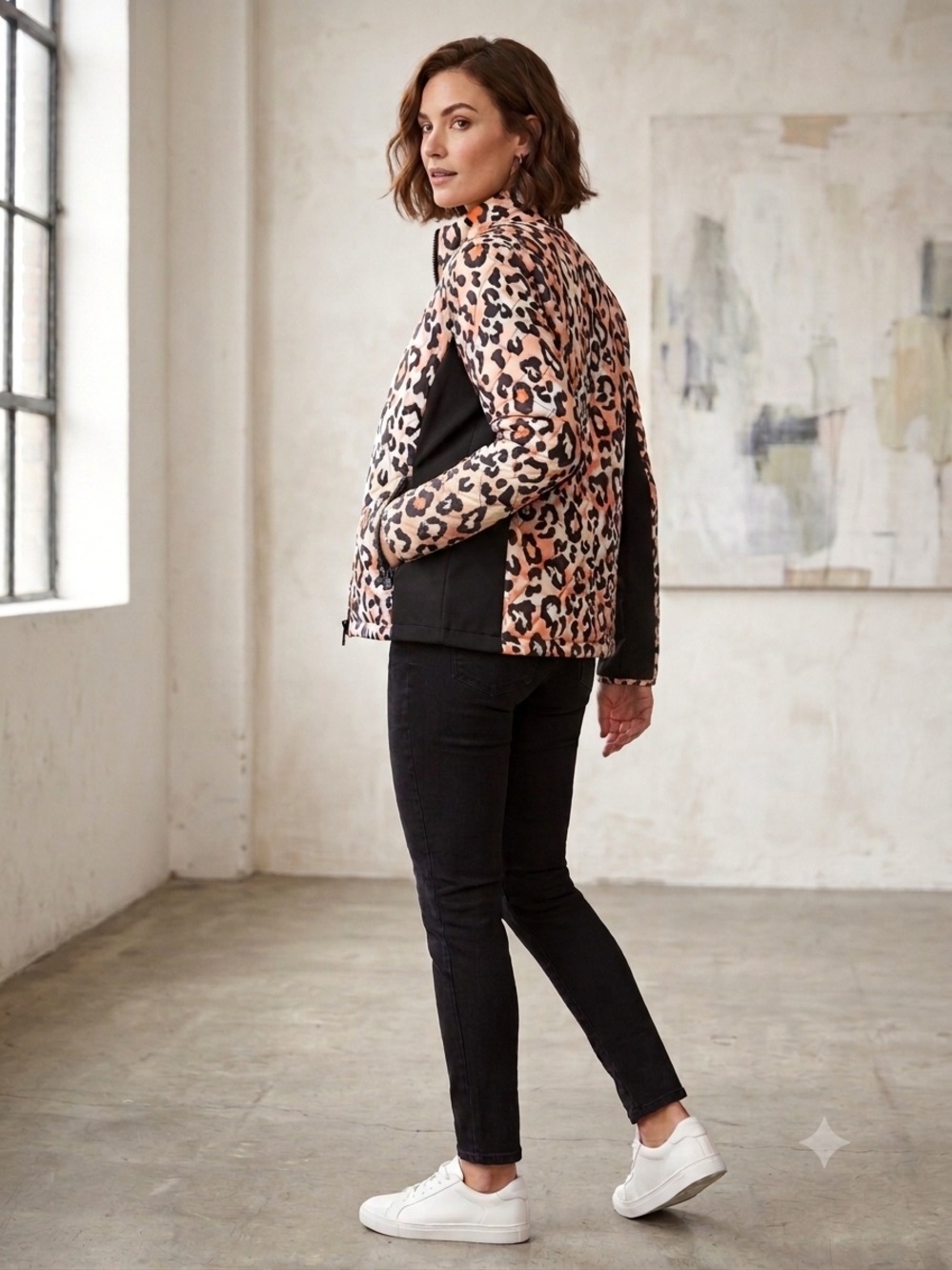Nuage Women's Quilted Jacket XL Orange Black Camo Leopard Print Zip Up Coat